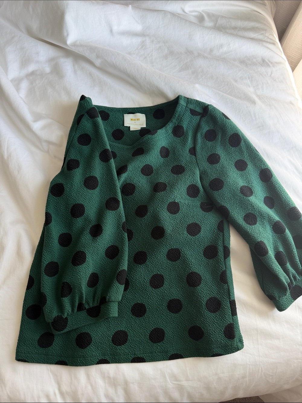 Crewneck Green Polka Dot Sweater with Puff Sleeves Maeve by Anthropologie